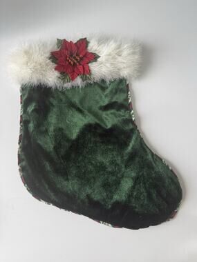 Vintage Once Upon a Time Green Velvet Christmas Stocking 17” Faux Fur Trim